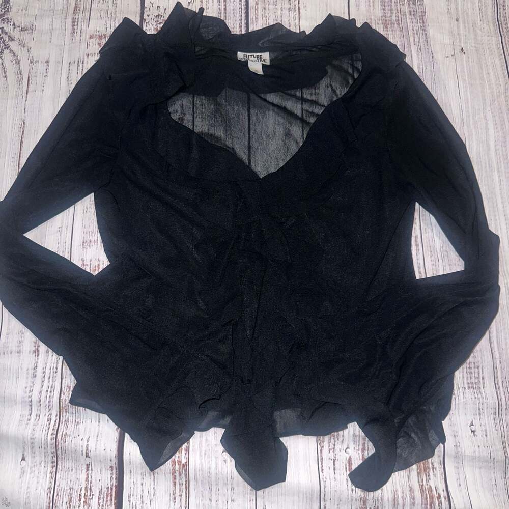 Future Collective Y2K Sheer Black Ruffle Tie Front Fairycore split Bell Sleeve T